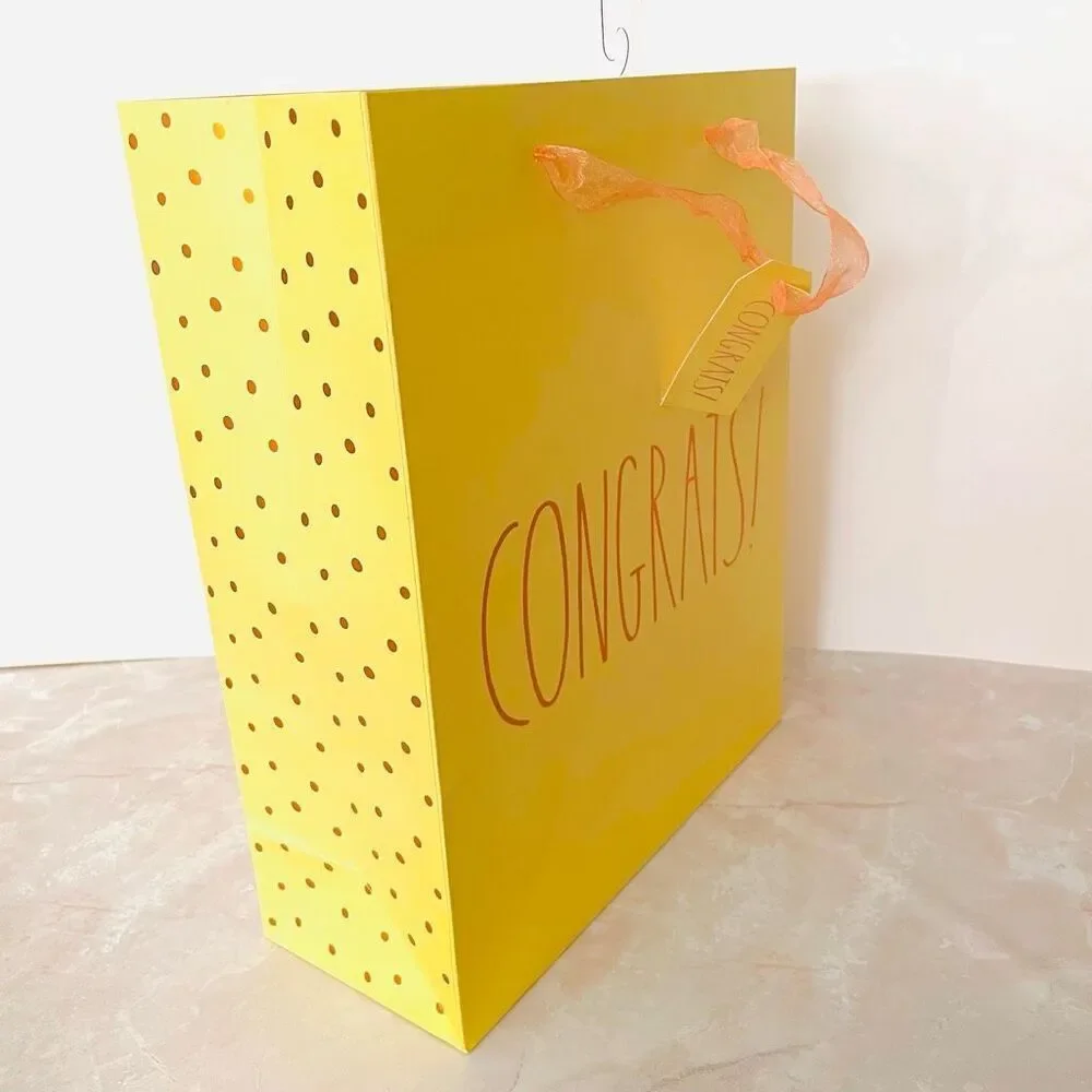 NWT 3 Rae Dunn Yellow with Gold letters “CONGRATS” Gift Bags with From:/to: card